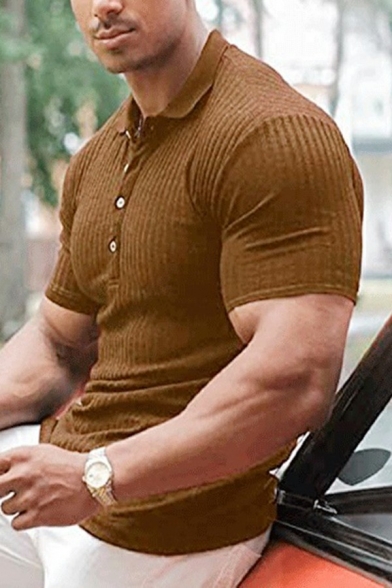Men's Casual T-Shirt Pure Color Short Sleeve Texture Design Spread Collar T-Shirt