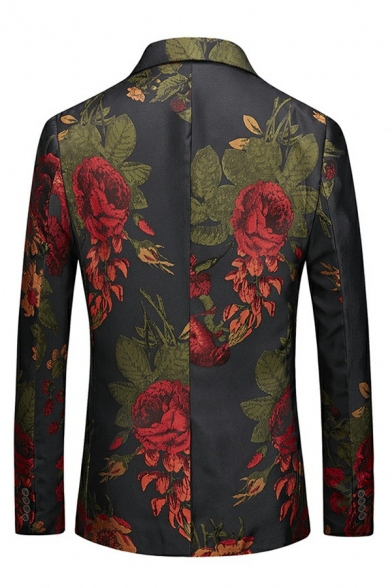 Men Vintage Suit Blazer Floral Print Lapel Collar Single Button Pocket Detail Suit Blazer