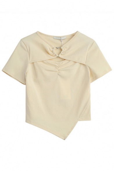 Modern Girls T-Shirt Plain Crew Neck Hollow Short Sleeve Ruched Irregular Hem Cropped T-Shirt