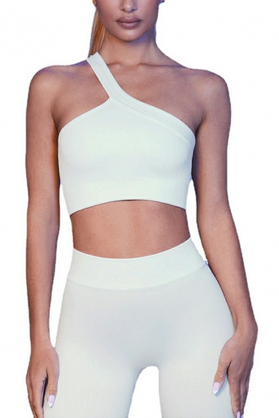 Sexy Ladies Gym Co-ords Pure Color One Shoulder Hollow Cropped Top & Shorts Slim Fit Co-ords