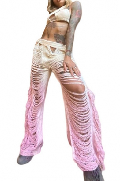 Sexy Ladies Hollow Pants Mid Waist Ombre Print Cut Out Long Straight Pants with Fringe