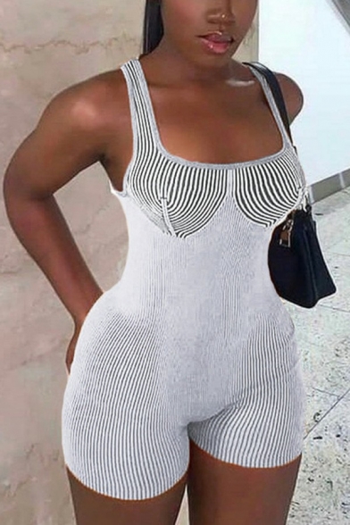 Sexy Womens Rompers Striped Pattern Square Neck Slim Fit Rompers