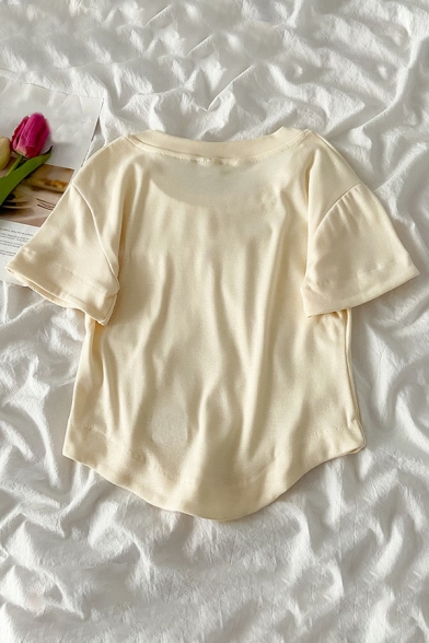 Simple Ladies T-Shirt Plain Round Neck Short Sleeve Curve Bottom Cropped T-Shirt