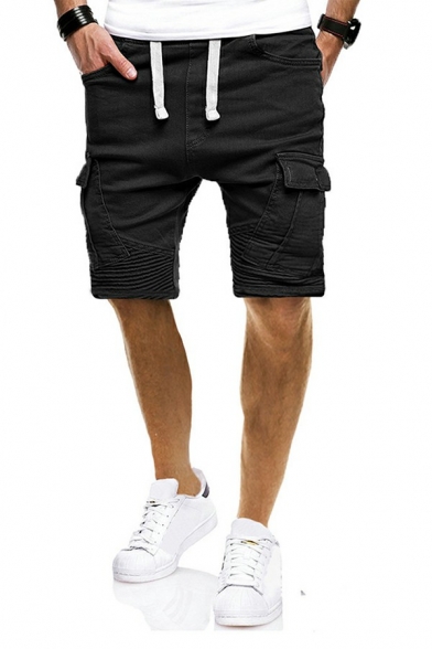 Stylish Mens Cargo Shorts Plain Drawstring Waist Pocket Detail Mid Rise Regular Fit Cargo Shorts