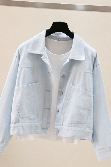 Casual Womens Jacket Plain Turn-Down Collar Single Breasted Long Sleeve Denim Jacket
