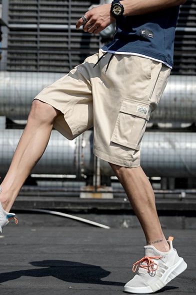 Chic Mens Shorts Plain Drawstring Waist Mid Rise Flap Pockets Cargo Shorts