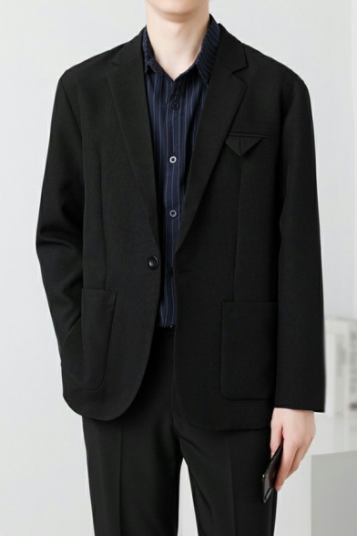 Chic Suit Blazer Solid Pocket Lapel Collar Long Sleeve Loose Single Button Blazer for Men