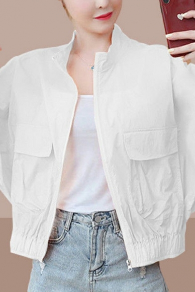 Chic Womens Jacket Plain Stand Collar Zipper Fly Flap Pockets Long Sleeve Jacket
