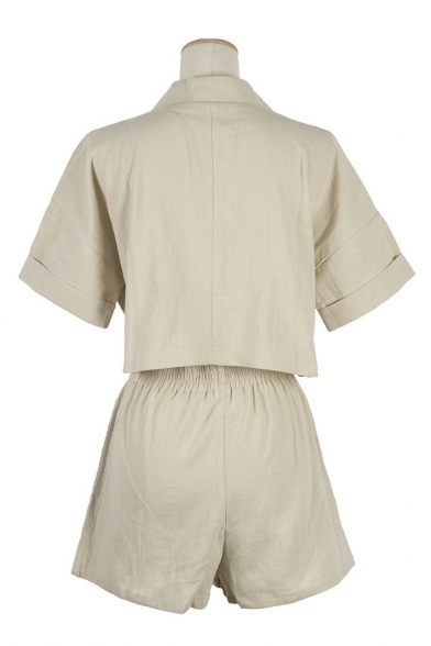 Chic Womens Solid Color Set V Neck Short Sleeve Crop Shirt & Elastic Waist Shorts Two Piece Set