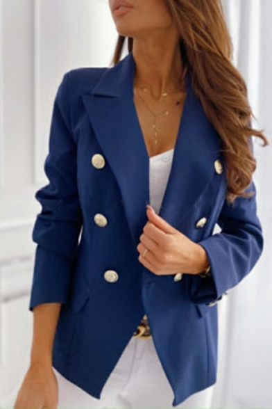 Fashionable Ladies Blazer Pure Color Lapel Collar Double Breasted Long Sleeve Slim Blazer