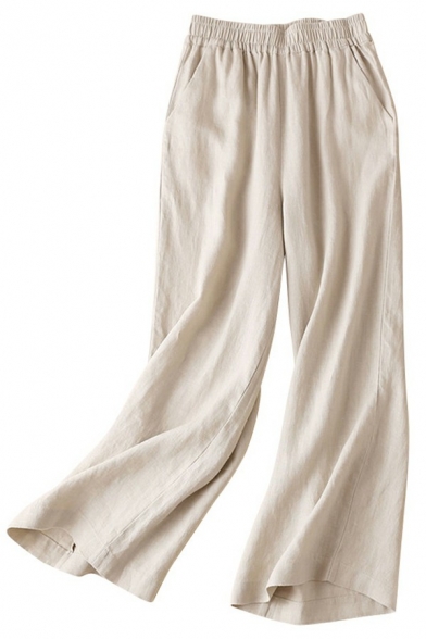 Ladies Boyish Pants Pure Color Oversized Mid Rise Long Length Elastic Waist Pants