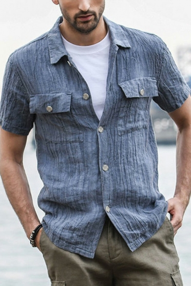 Leisure Mens Plain Shirt Button Closure Spread Collar Pocket Detail Regular Fitted Shirt