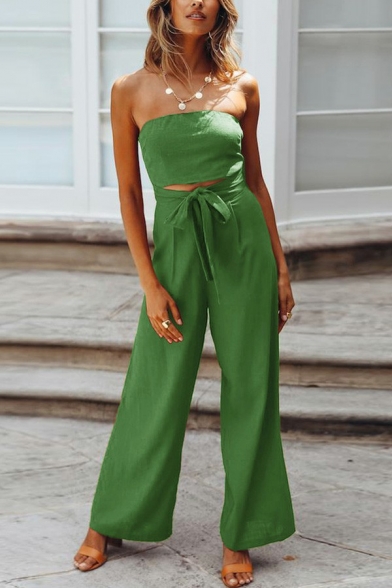 Leisure Strapless Jumpsuits Solid Color Hollow Out Jumpsuits with Bow