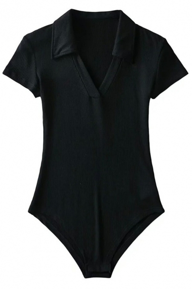 Popular Ladies Bodysuit V Neck Plain Short Sleeve Slim Fit Stretchy Bodysuit
