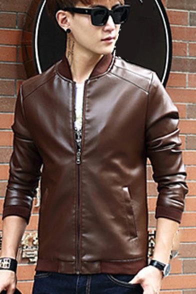 Retro Jacket Pure Color Long Sleeve Stand Collar Regular Zip Fly Leather Jacket for Men