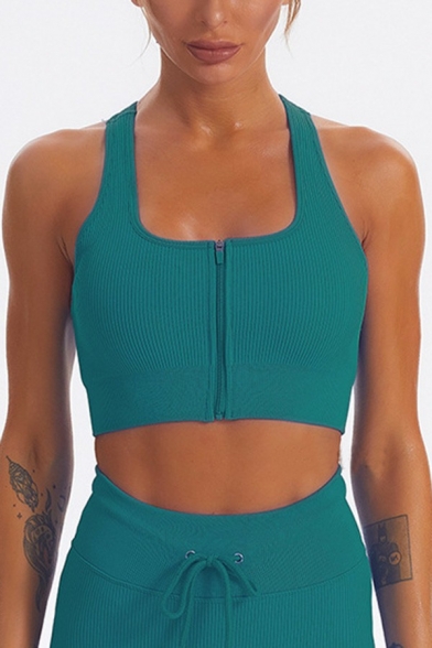 Sporty Cropped Tank Tee Solid Color Zipper Closure Tank Top for Women