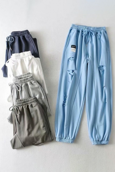 Sporty Womens Hollow Pants Plain Drawstring Waist Elastic Cuffs Joggers Pants with Label