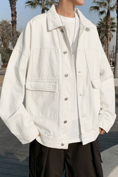 Street Look Guys Denim Jacket Plain Button Closure Pocket Detail Spread Collar Denim Jacket