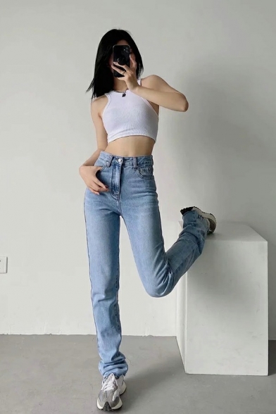 Stylish Womens Jeans High Waist Zipper Up Mid Wash Raw Hem Split Detail Girlfriend Jeans