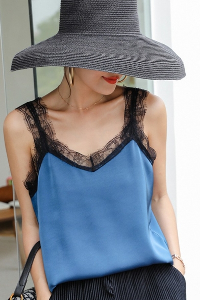 Trendy Lace Cami Tee Solid Color V Neck Satin Cami Top for Ladies