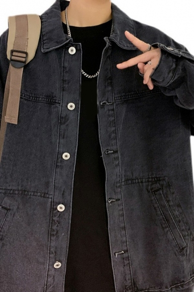 Urban Guys Jacket Plain Button Closure Long Sleeve Spread Collar Loose Fit Denim Jacket with Pocket