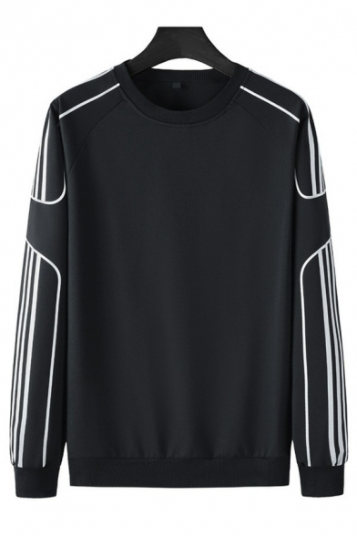 Urban Mens Sweatshirt Stripe Pattern Round Neck Long-Sleeved Regular Fitted Sweatshirt