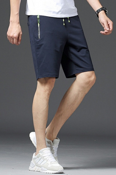 Vintage Mens Shorts Pure Color Drawstring Waist Mid Rise Shorts with Pocket