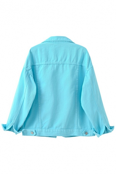 Basic Ladies Denim Jacket Solid Color Button Closure Turn Down Collar Denim Jacket with Flap Pockets