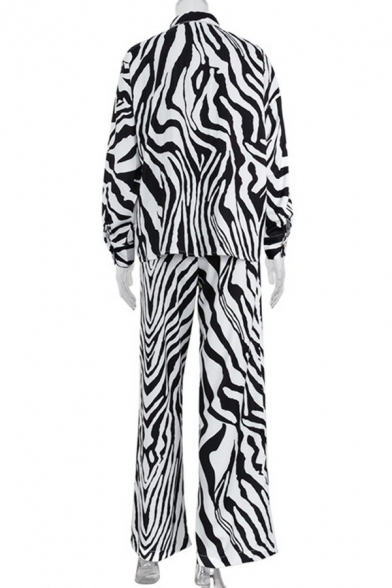 Classic Ladies Co-ords Zebra Print Spread Collar Button Up Shirt & Pants Co-ords