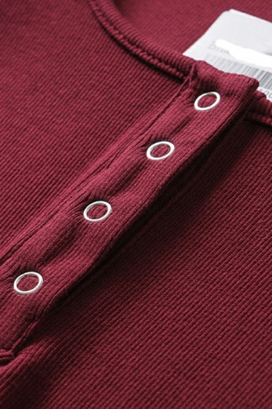 Classic Womens Bodysuit Round Neck Solid Color Button Detail Short Sleeve Bodysuit