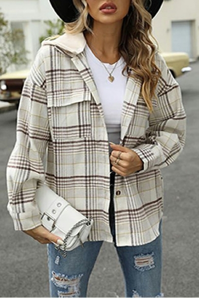 Classic Womens Jacket Button Closure Plaid Pattern Jacket with Flap Pockets