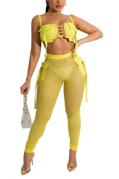 Hot Womens Co-ords Solid Color Lace Up Cropped Cami Tee & Sheer Mesh Pants Two Piece Set with Flap Pockets