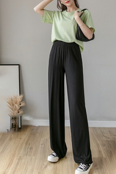 Leisure Women Pants Whole Colored Elastic Waist Full Length Mid Rise Loose Fit Pants