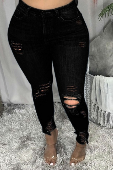 Leisure Womens Jeans Faded Wash Zipper Fly Distressed Ripped High Waist Ankle Length Skinny Jeans