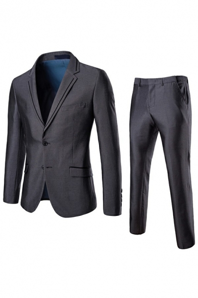 Men Vintage Suit Set Plain Lapel Collar Button Closure Pocket Detail Blazer and Pants Set in Grey