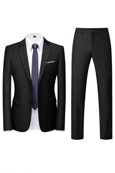 Men Vintage Suit Set Pure Color Lapel Collar Single Button Pocket Detail Blazer and Pants Set