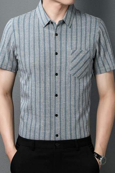 Modern Mens Shirt Stripe Print Button Closure Chest Pocket Turn-down Collar Regular Fitted Shirt