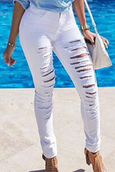 Retro Womens Hollow Jeans Zip Fly Distressed Ripped Solid Color High Waist Skinny Jeans