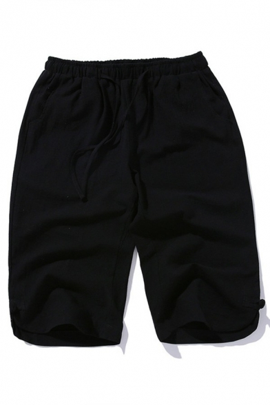 Simple Mens Shorts Plain Drawstring Waist Mid Rise Shorts with Pocket