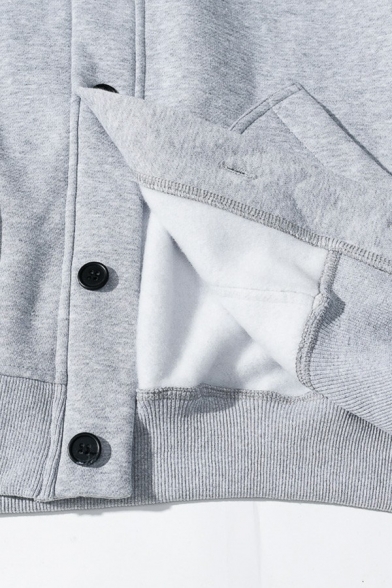 Stylish Mens Sweatshirt Pure Color V-Neck Button Closure Rib Cuffs Sweatshirt