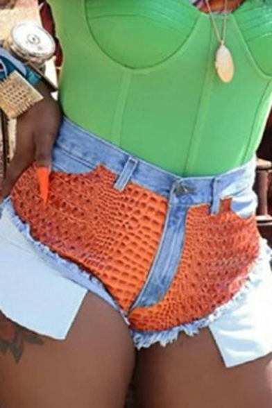 Trendy Womens Shorts Contrast Color Zipper Fly Mid Waist Denim Shorts