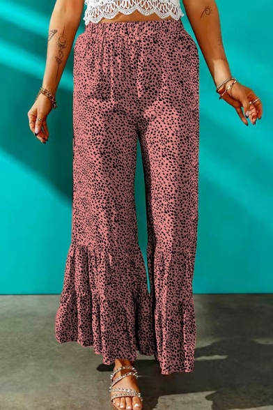 Vintage Ladies Flared Pants Leopard Print High Waist Elastic Waist Loose Fit Pants