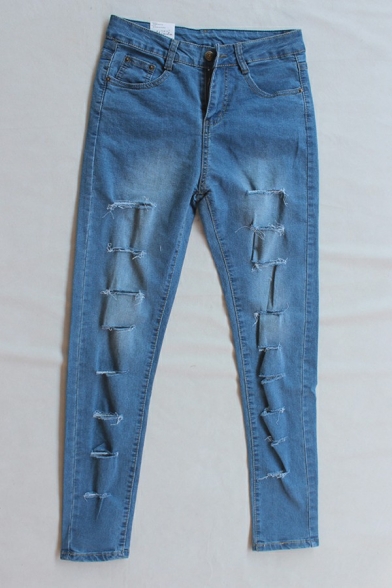 Vintage Womens Skinny Jeans Hollow Out Distressed Ripped High Rise Jeans with Washing Effect