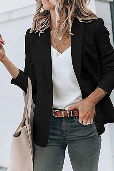 Basic Solid Color Blazer Notched Lapel Collar Single Button Slim Fit Blazer for Ladies