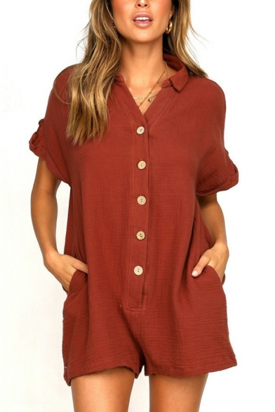 Fancy Plain Rompers Spread Color Button Up Short Sleeve Oversized Rompers for Ladies