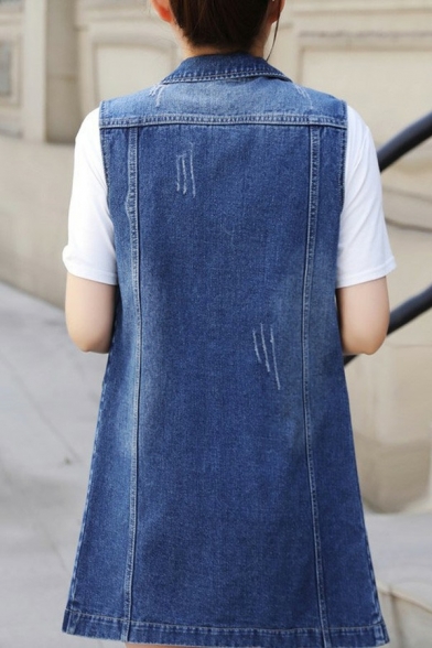 Fashion Womens Denim Vest Spread Collar Button Up Ripped Slim Fit Vest with Flap Pockets