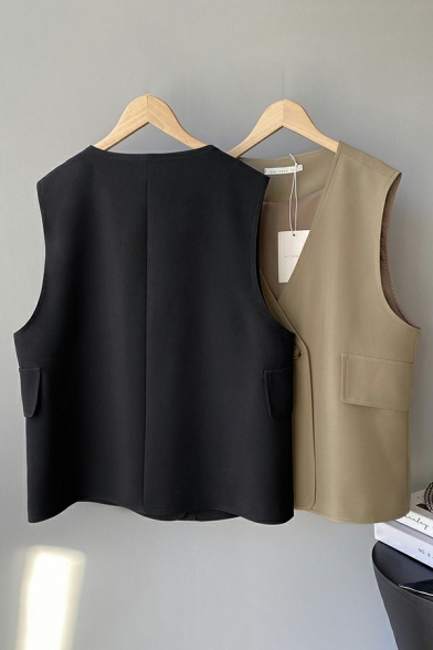Leisure Womens Vest Plain V-Neck Double Buttons Flap Pockets Relaxed Vest
