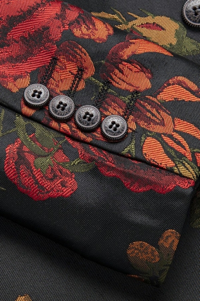 Men Vintage Suit Blazer Floral Print Lapel Collar Single Button Pocket Detail Suit Blazer