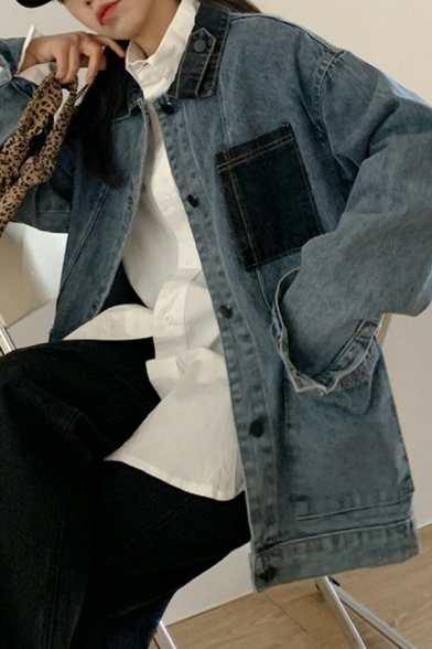 Modern Ladies Jacket Contrast Color Pocket Long Sleeve Baggy Spread Collar Denim Jacket