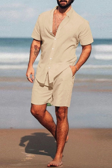 Simple Mens Co-ords Plain Stand Collar Single Breasted Short Sleeve Shirt with Shorts Two Piece Set